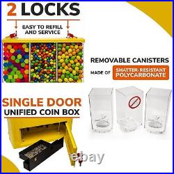 Triple Vending Machine Coin Operated Candy & Gumball Dispenser WithStand Yellow