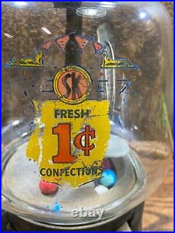 Vintage 1 cent GUMBALL Machine w Glass Dome & Key Antique Gum Dispenser WORKS